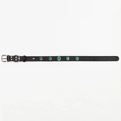 Vanderclix&Co. black dog collar with teal cushion-cut snap-on charms, size L, front view.