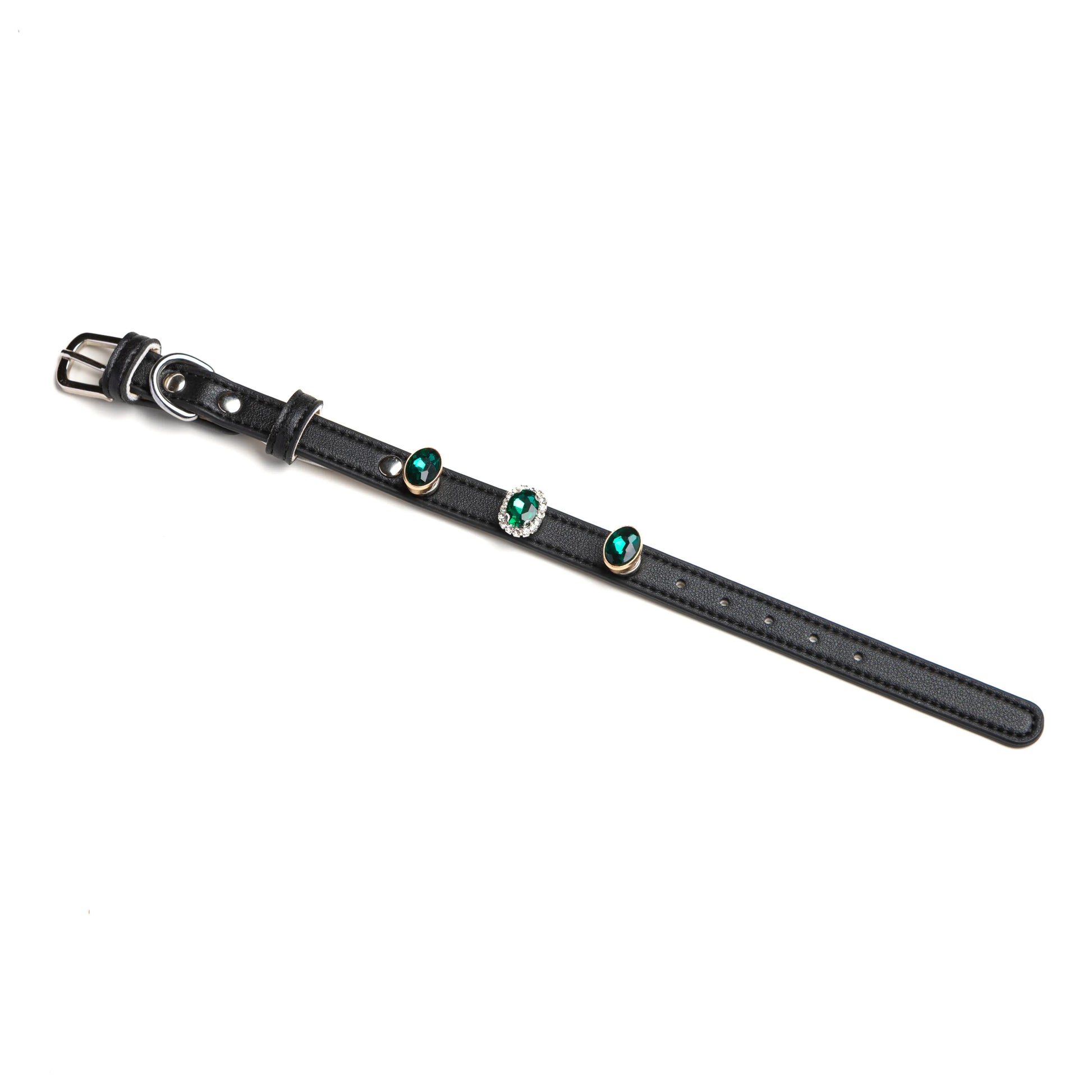Obsidian black leather dog collar with forest green oval charms by Vanderclix&Co., angled view.