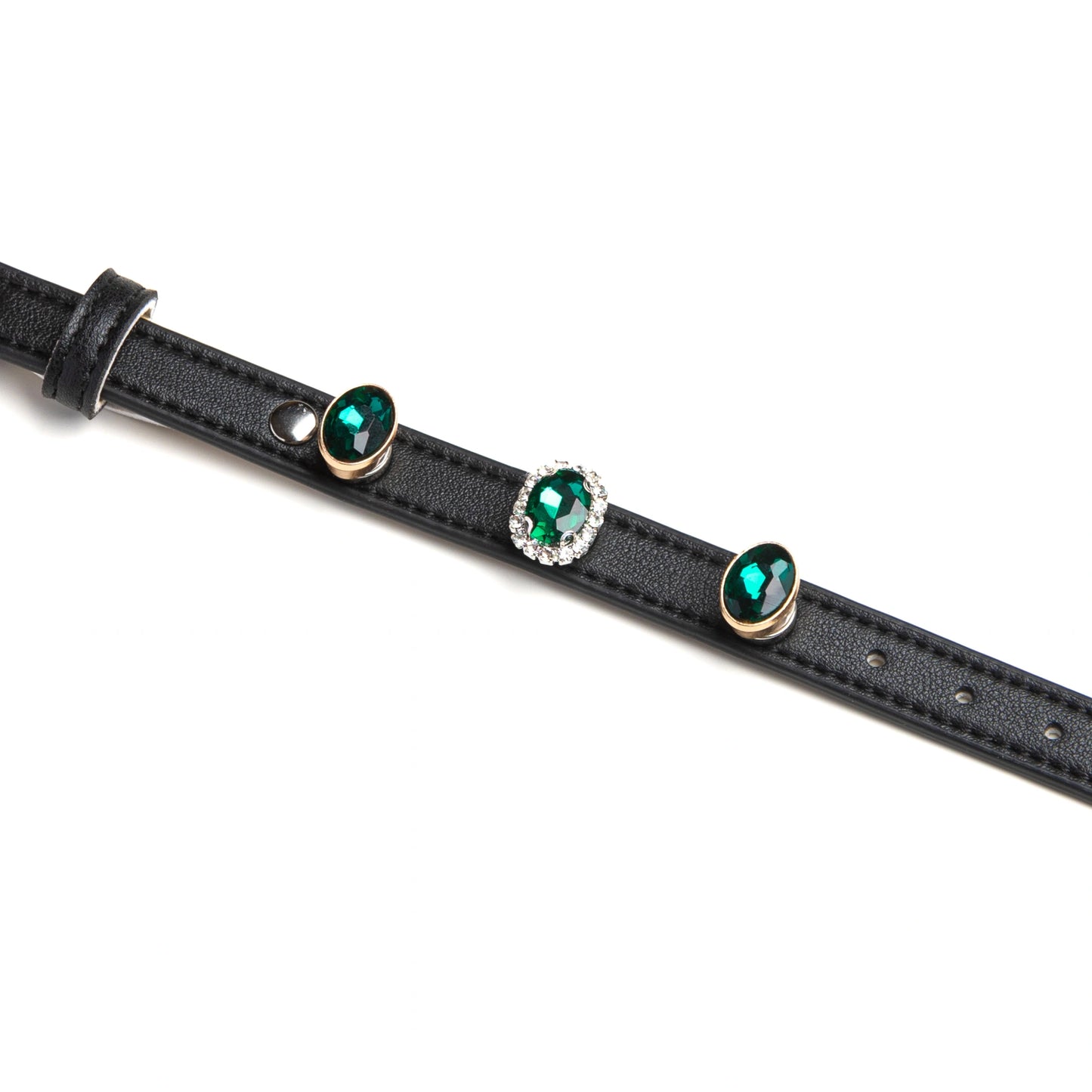 Vintage Oval snap-on charm set on black dog collar by Vanderclix&Co., detail view.
