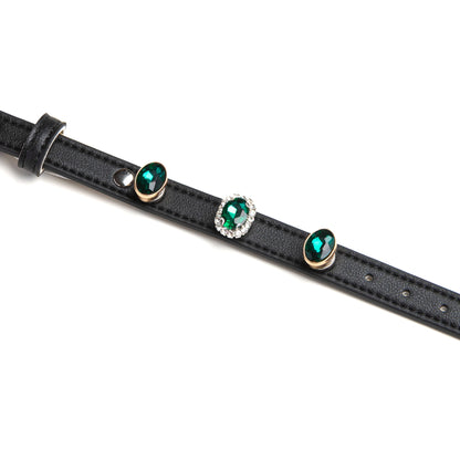 Vintage Oval snap-on charm set on black dog collar by Vanderclix&Co., detail view.