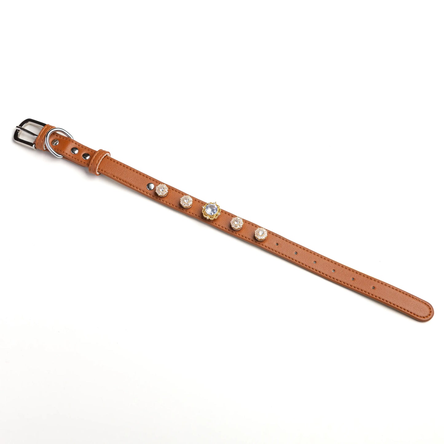 Starlight Reverie snap-on charm set on Saddle brown leather collar by Vanderclix&Co., angled view.