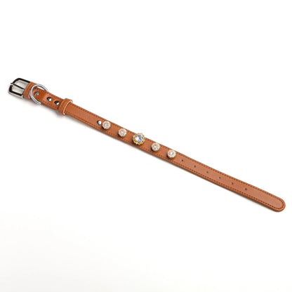 Starlight Reverie snap-on charm set on Saddle brown leather collar by Vanderclix&Co., angled view.