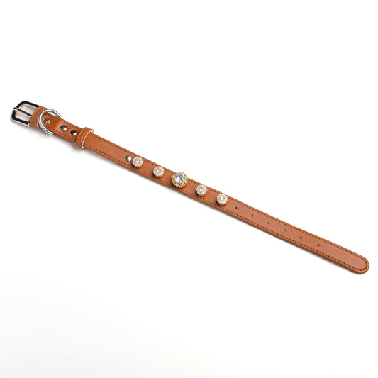Starlight Reverie snap-on charm set on Saddle brown leather collar by Vanderclix&Co., angled view.