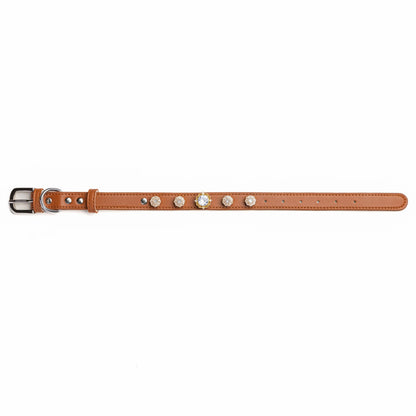 Vanderclix&Co. brown leather dog collar with starlight crystal snap-on charms, size M, front view.