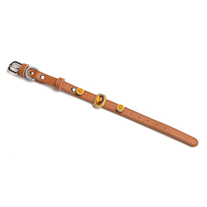 Toffee Glow snap-on gem set on Saddle brown leather collar by Vanderclix&Co., angled view.
