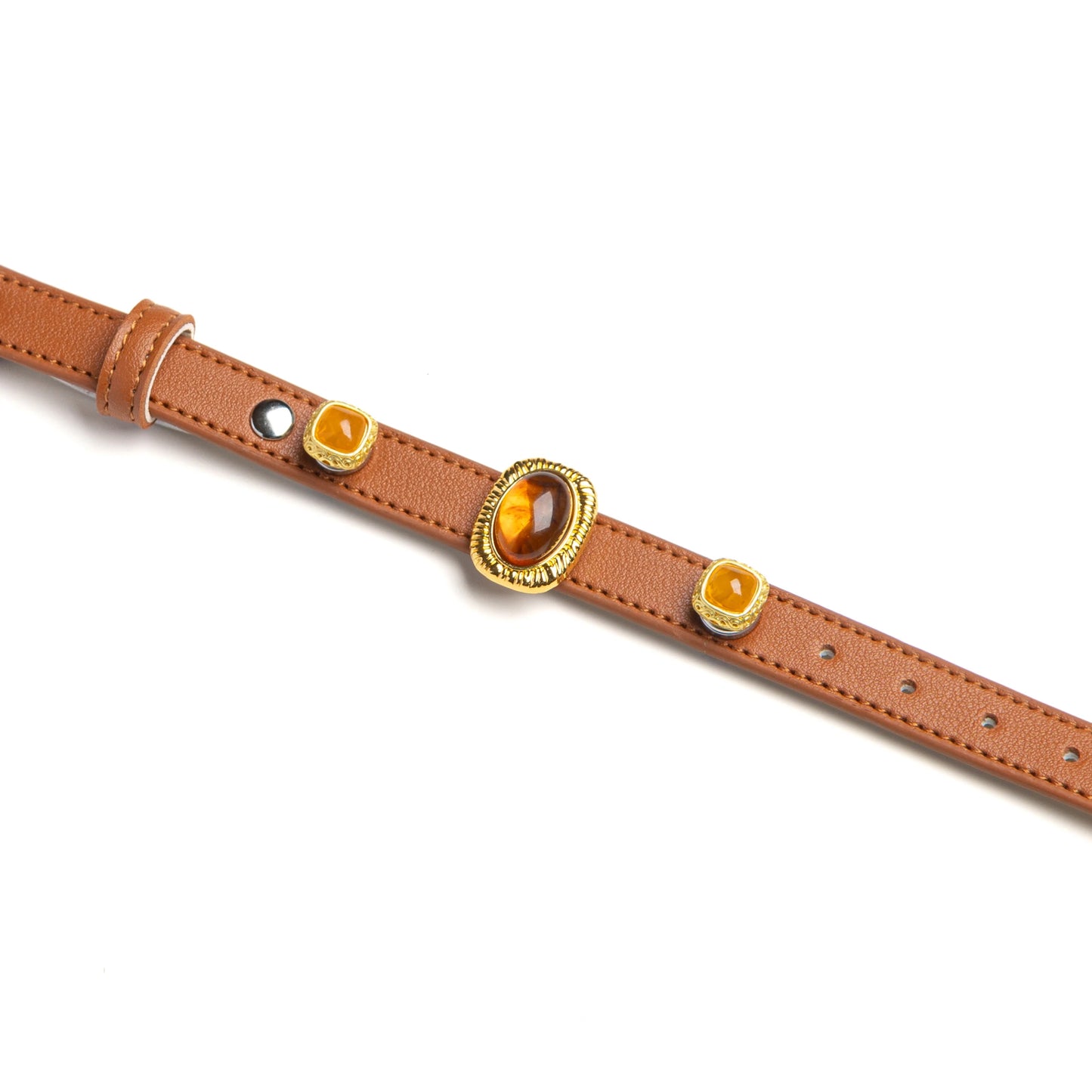 Brown dog collar with warm amber and gold-framed charms by Vanderclix&Co., detail view.