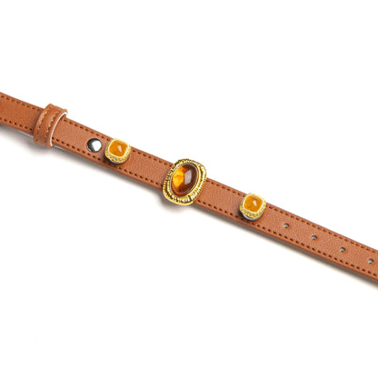 Brown dog collar with warm amber and gold-framed charms by Vanderclix&Co., detail view.