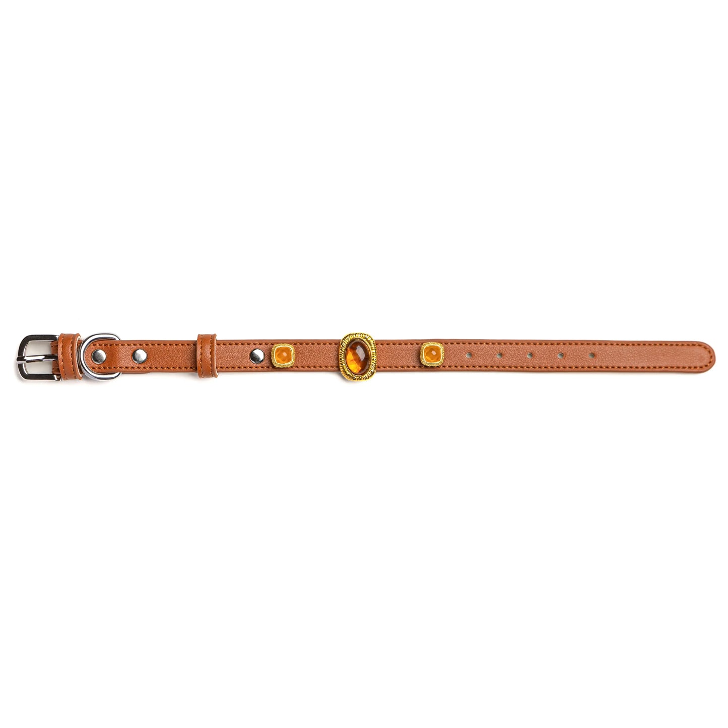 Vanderclix&Co. brown leather dog collar with amber toffee snap-on charms, size S, front view.