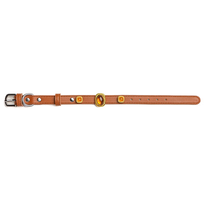 Vanderclix&Co. brown leather dog collar with amber toffee snap-on charms, size S, front view.