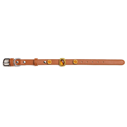 Vanderclix&Co. brown leather dog collar with amber toffee snap-on charms, size S, front view.