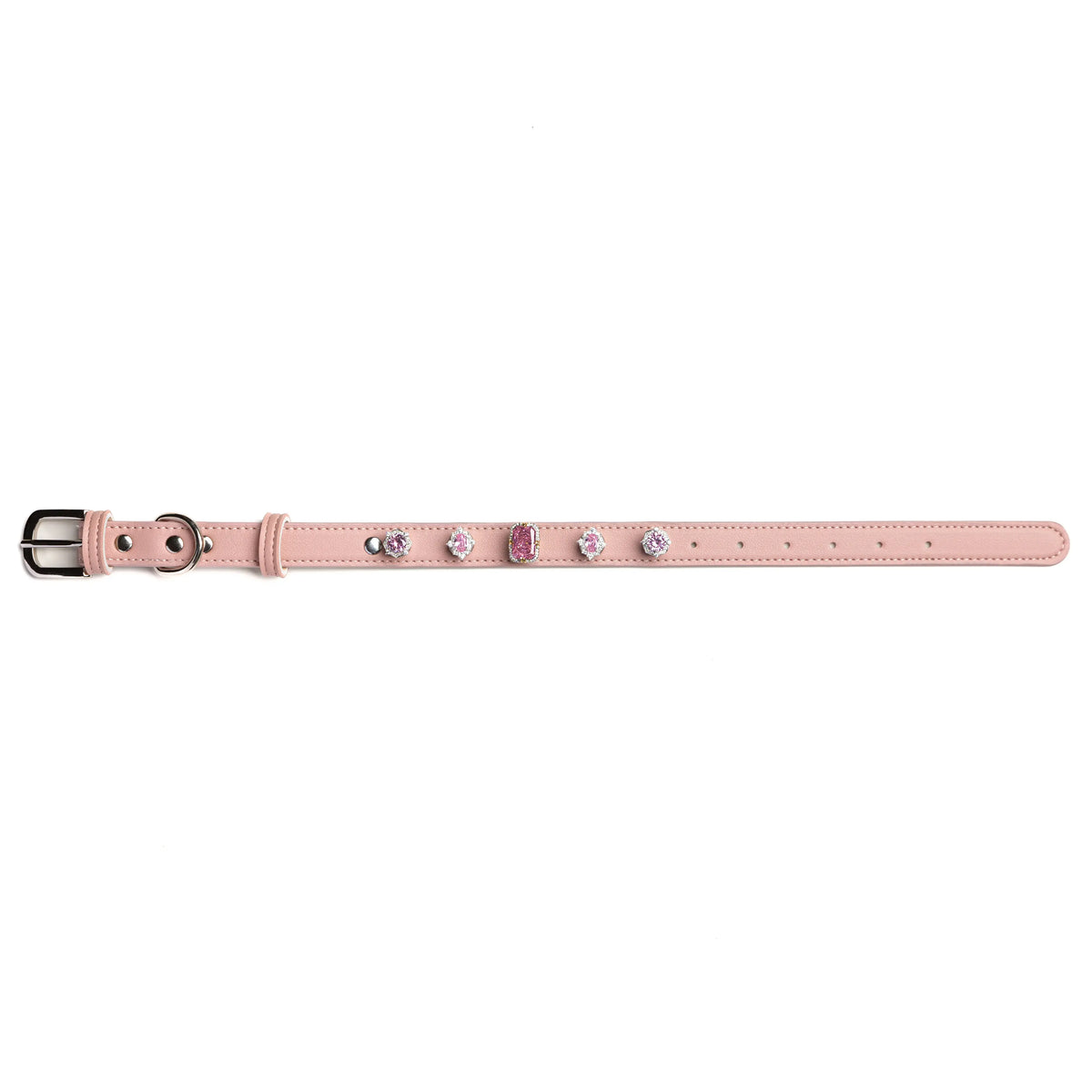 Vanderclix Sakura pink dog collar with Peony Cushion snap-on charms, size M, front view.