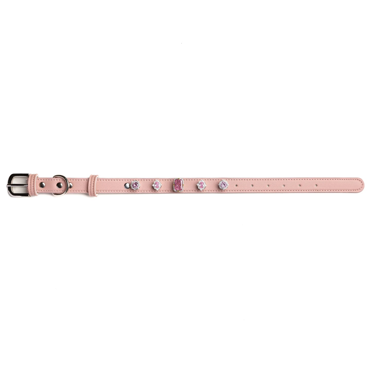 Vanderclix&Co. pink dog collar with lavender mist snap-on charms, size M, front view.