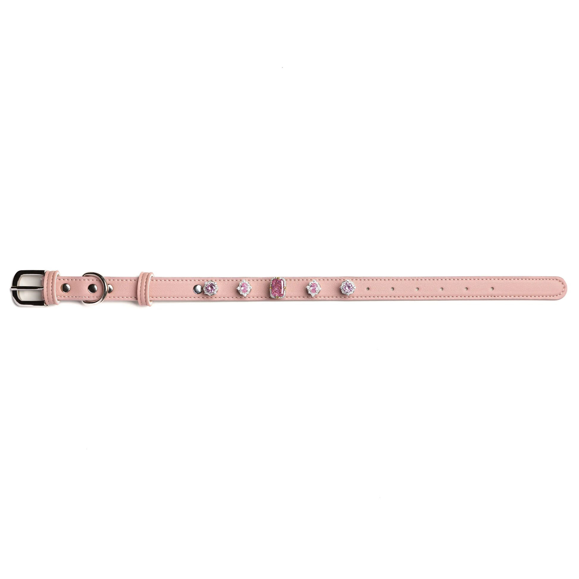 Vanderclix&Co. pink dog collar with lavender mist snap-on charms, size M, front view.