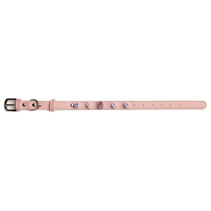 Vanderclix&Co. pink dog collar with lavender mist snap-on charms, size M, front view.