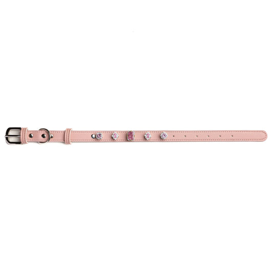 Vanderclix&Co. pink dog collar with lavender mist snap-on charms, size M, front view.