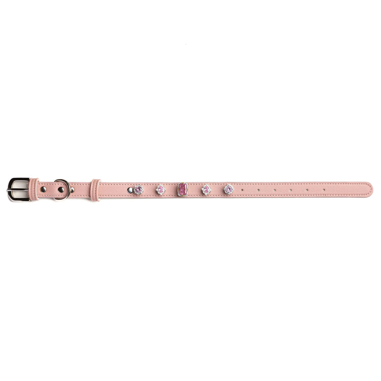Vanderclix Sakura pink dog collar with Peony Cushion snap-on charms, size M, front view.