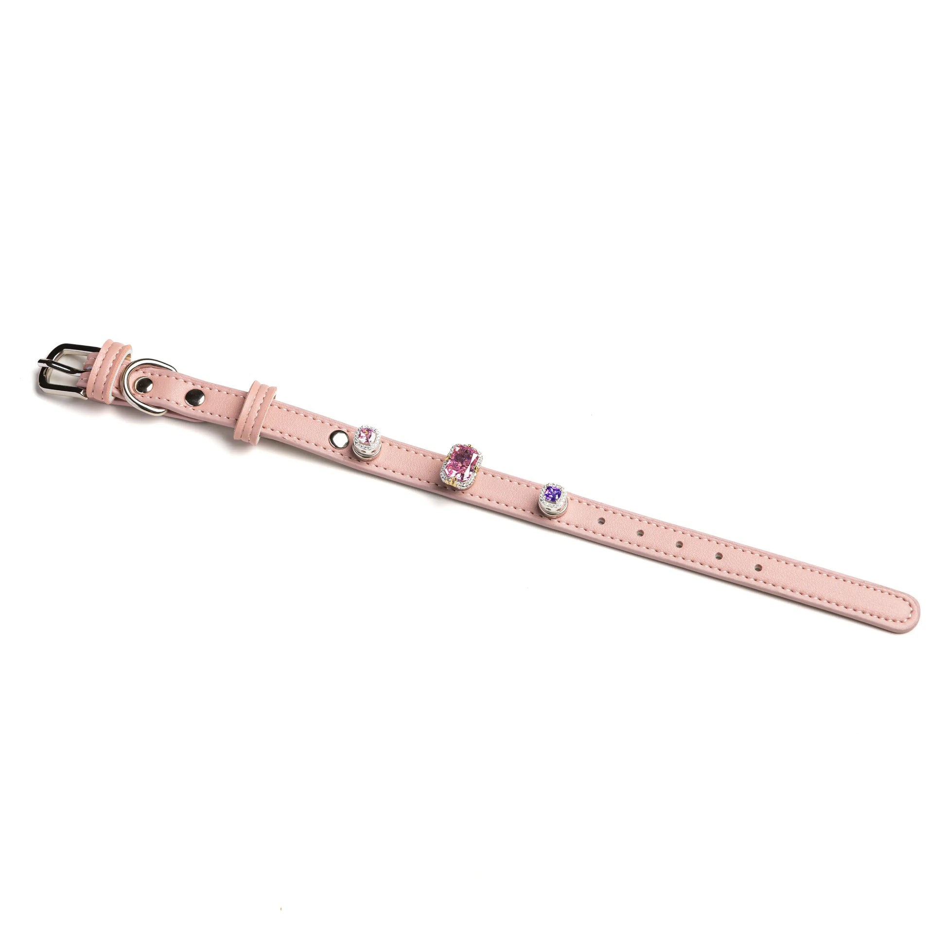 Peony Cushion snap-on gem set on Dusk pink leather collar by Vanderclix&Co., angled view.