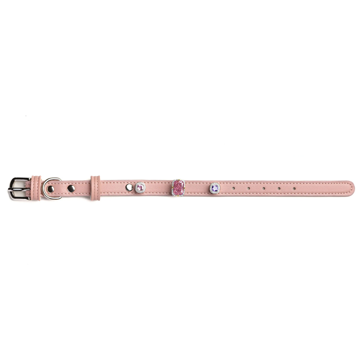 Vanderclix Sakura pink dog collar with Lavender Mist snap-on charms, size S, front view.