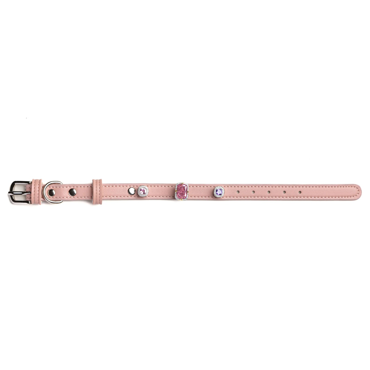 Vanderclix&Co. pink dog collar with peony cushion snap-on charms, size S, front view.