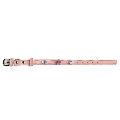 Vanderclix&Co. pink dog collar with peony cushion snap-on charms, size S, front view.