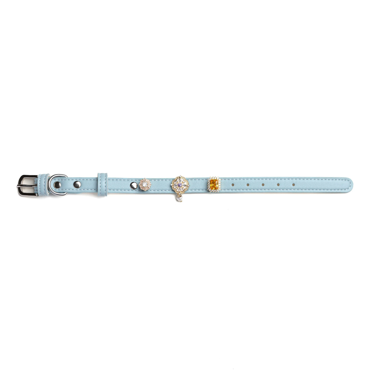 Vanderclix sky blue dog collar with crystal snap-on charms, size S, front view.
