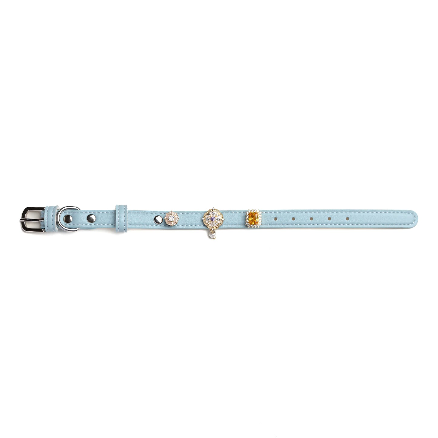 Vanderclix&Co. sky blue dog collar with crystal snap-on charms, size S, front view.