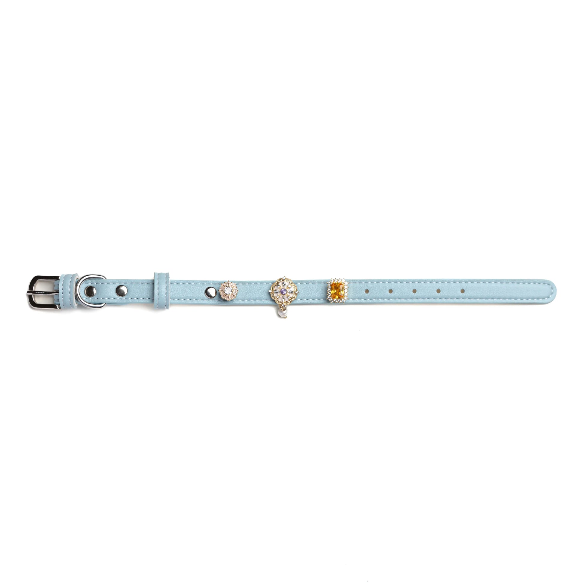 Vanderclix&Co. sky blue dog collar with crystal snap-on charms, size S, front view.