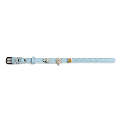 Vanderclix&Co. sky blue dog collar with crystal snap-on charms, size S, front view.