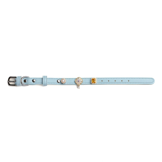 Vanderclix&Co. sky blue dog collar with crystal snap-on charms, size S, front view.