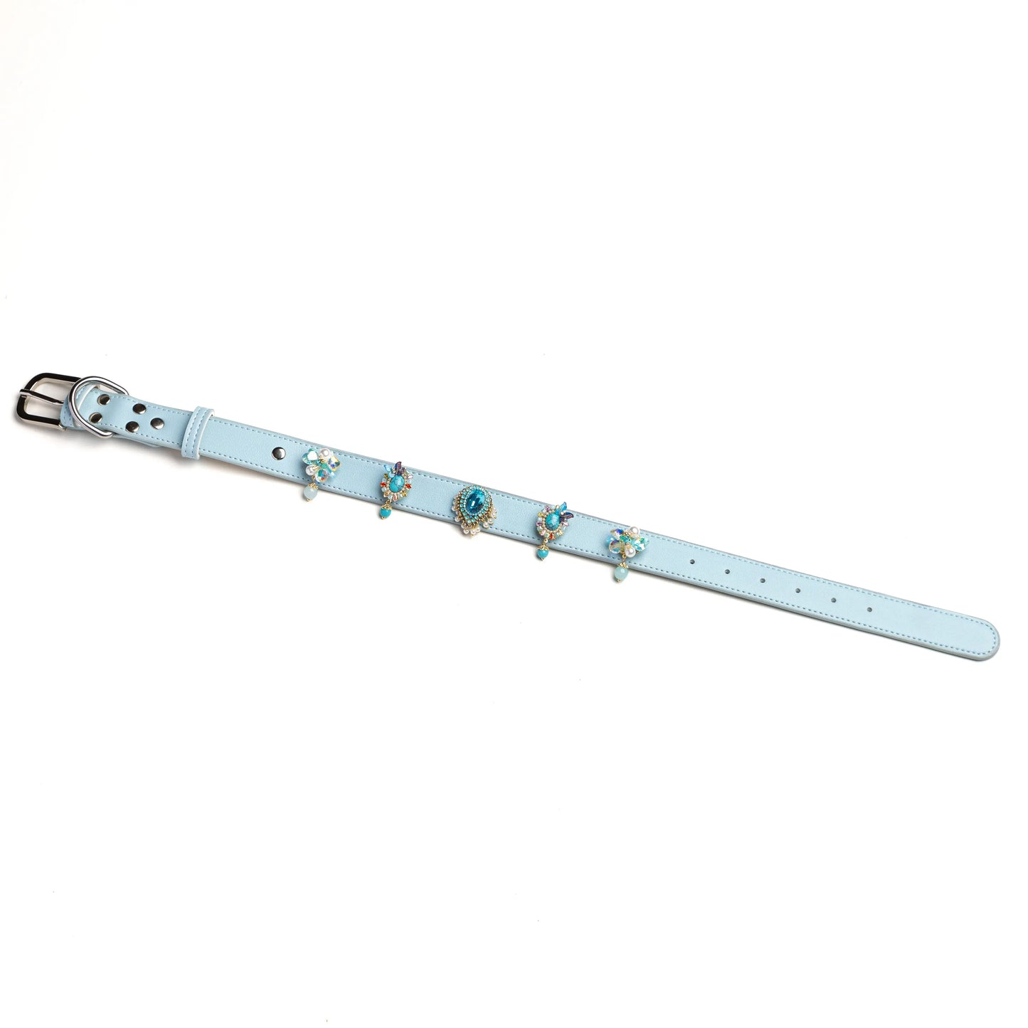 Deco Bloom snap-on charm set on Tidal blue leather collar by Vanderclix&Co., angled view.