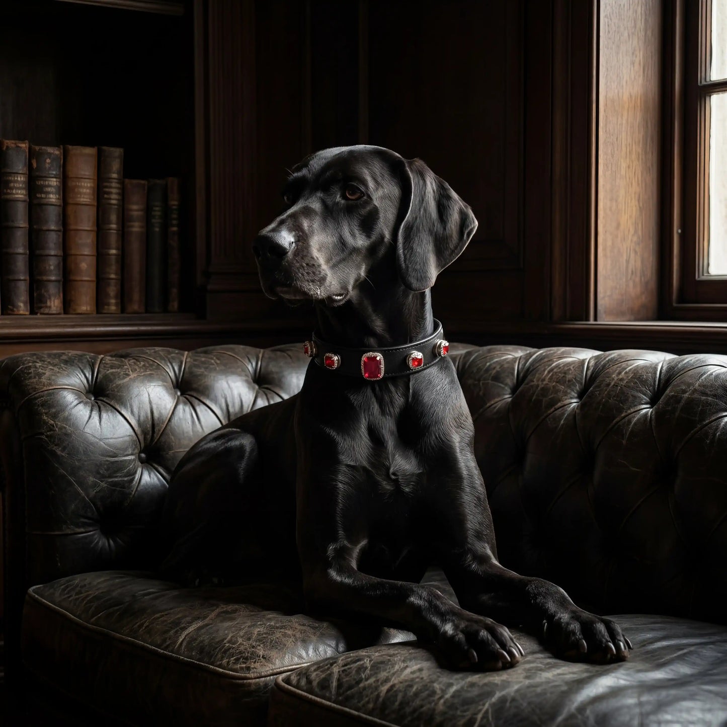 Dog wearing Vanderclix Scarlet Dusk red collar — indoor