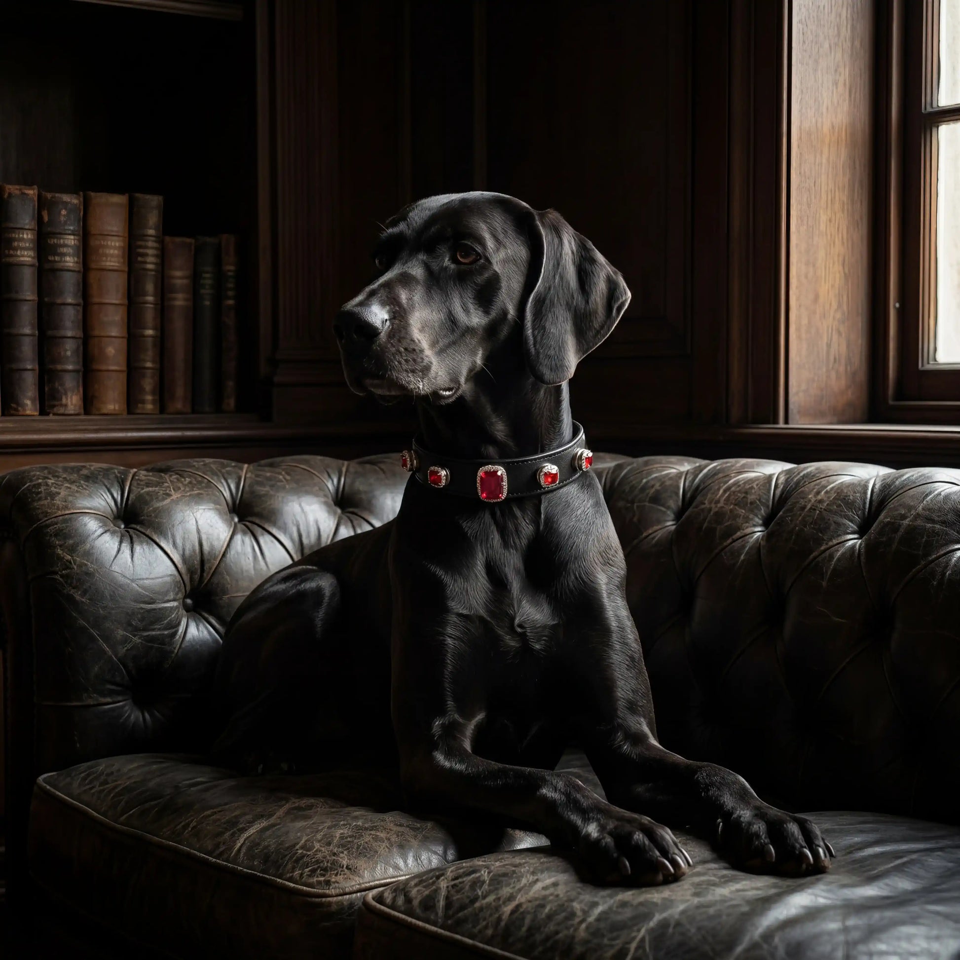 Dog wearing Vanderclix Scarlet Dusk red collar — indoor