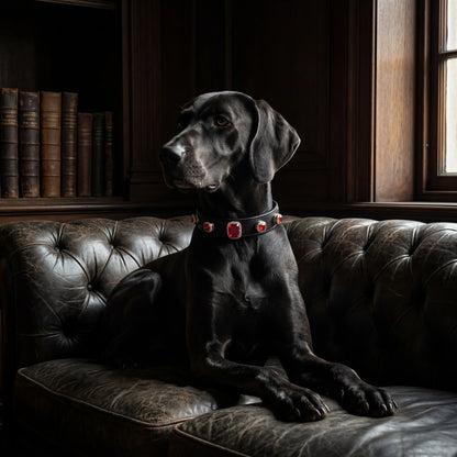 Dog wearing Vanderclix Scarlet Dusk red collar — indoor