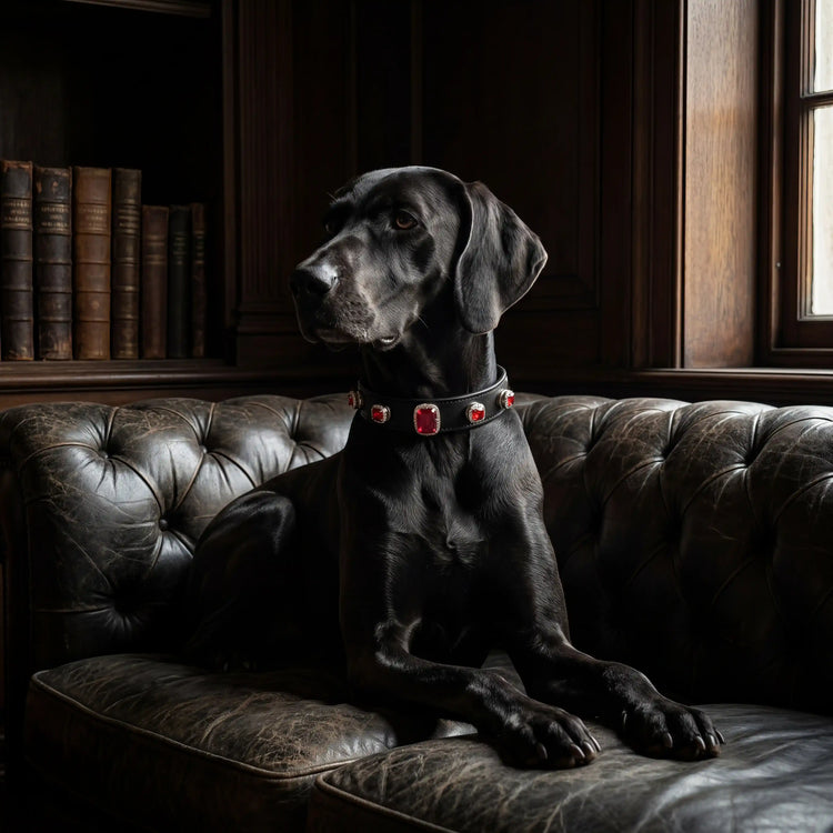 Dog wearing Vanderclix Scarlet Dusk red collar — indoor