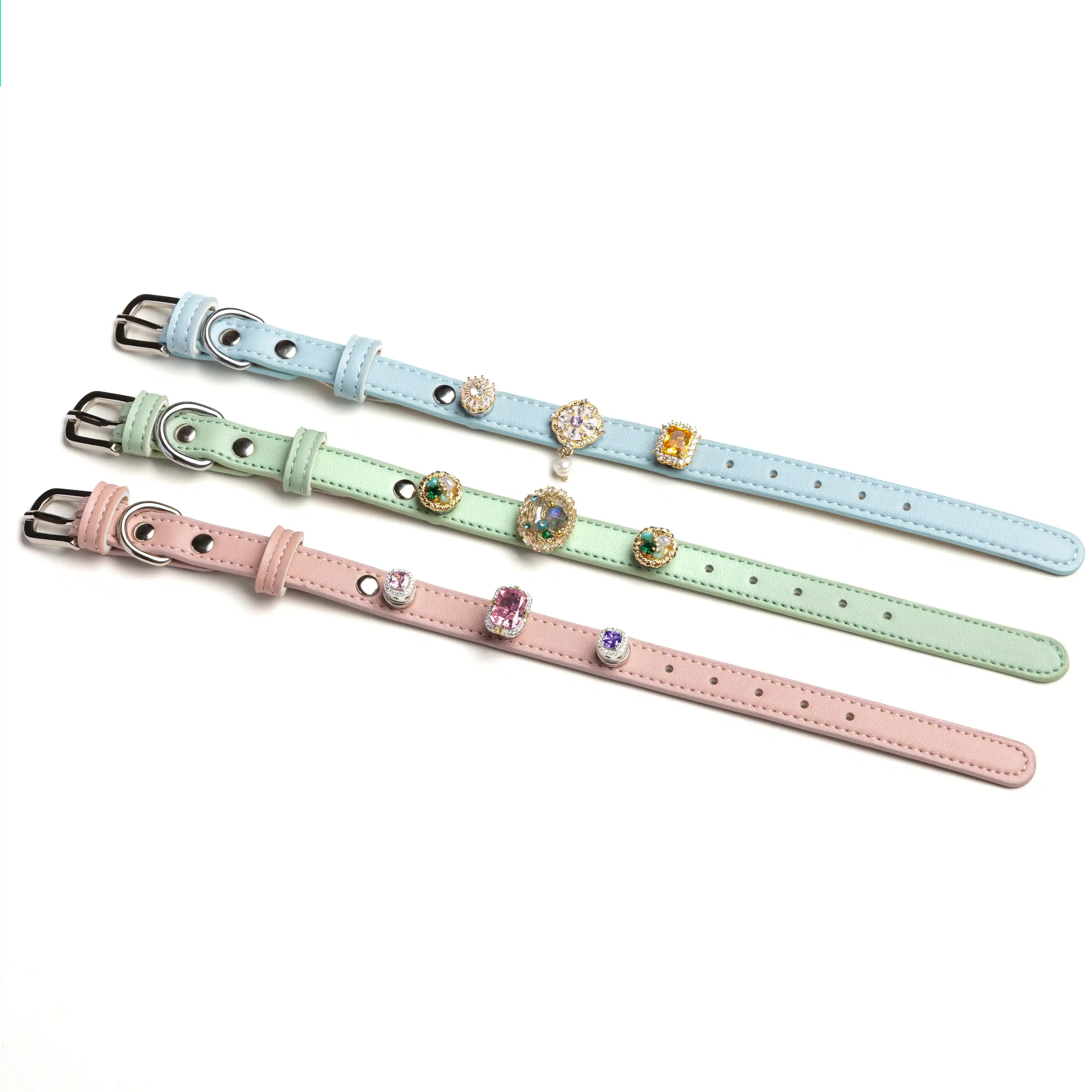 Vanderclix Tidal, Sage and Sakura collar set with pastel snap-on charms flat lay